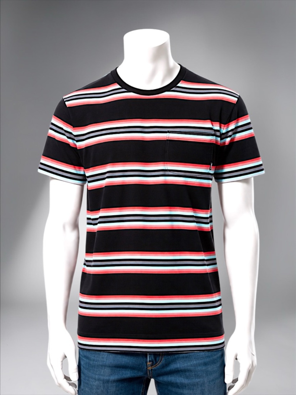 Men's Black Striped Crew Neck T-Shirt with Pocket - Picture 4 of 15